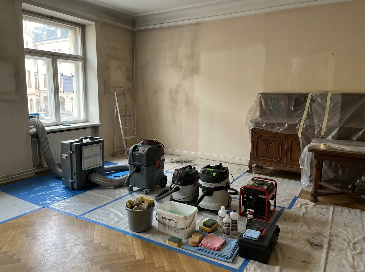 Raum mit Geräten zur Brandschadensanierung und abgedeckten Möbeln