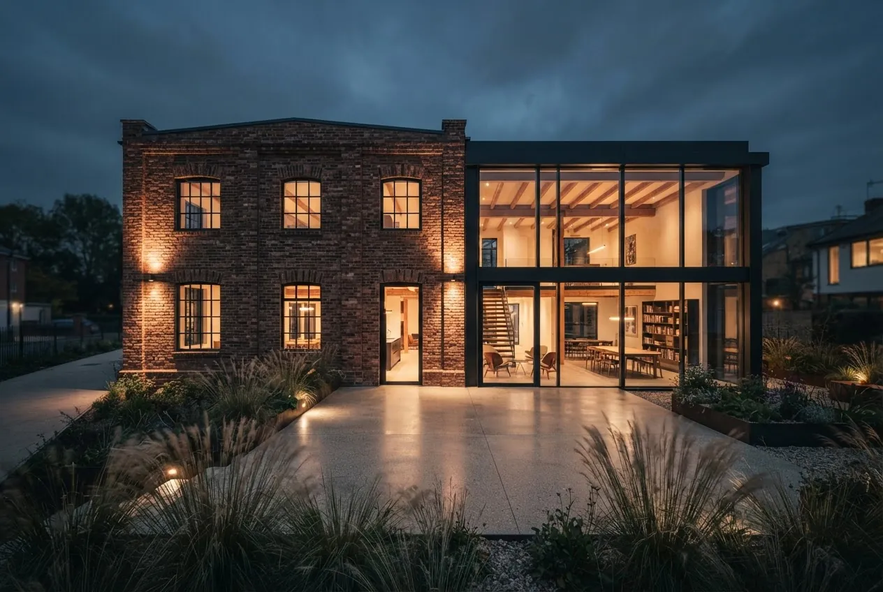 Sanierter Ziegelbau mit modernem Glasanbau bei Abendlicht