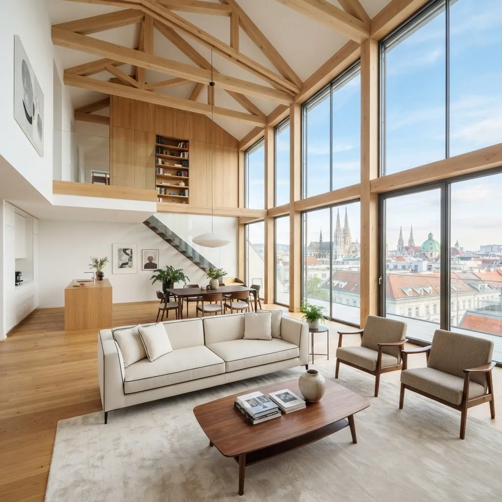 Ausgebautes Dachgeschoss mit Holztragwerk und Blick über Wien